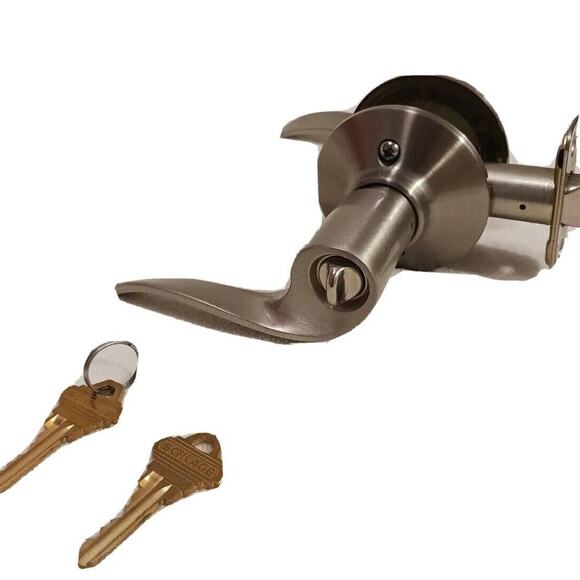 SCHLAGE Keyed SILVER SATIN FINISH Modern FRENCH Entry Lock DOOR KNOB w 2 Keys - Picture 1 of 13